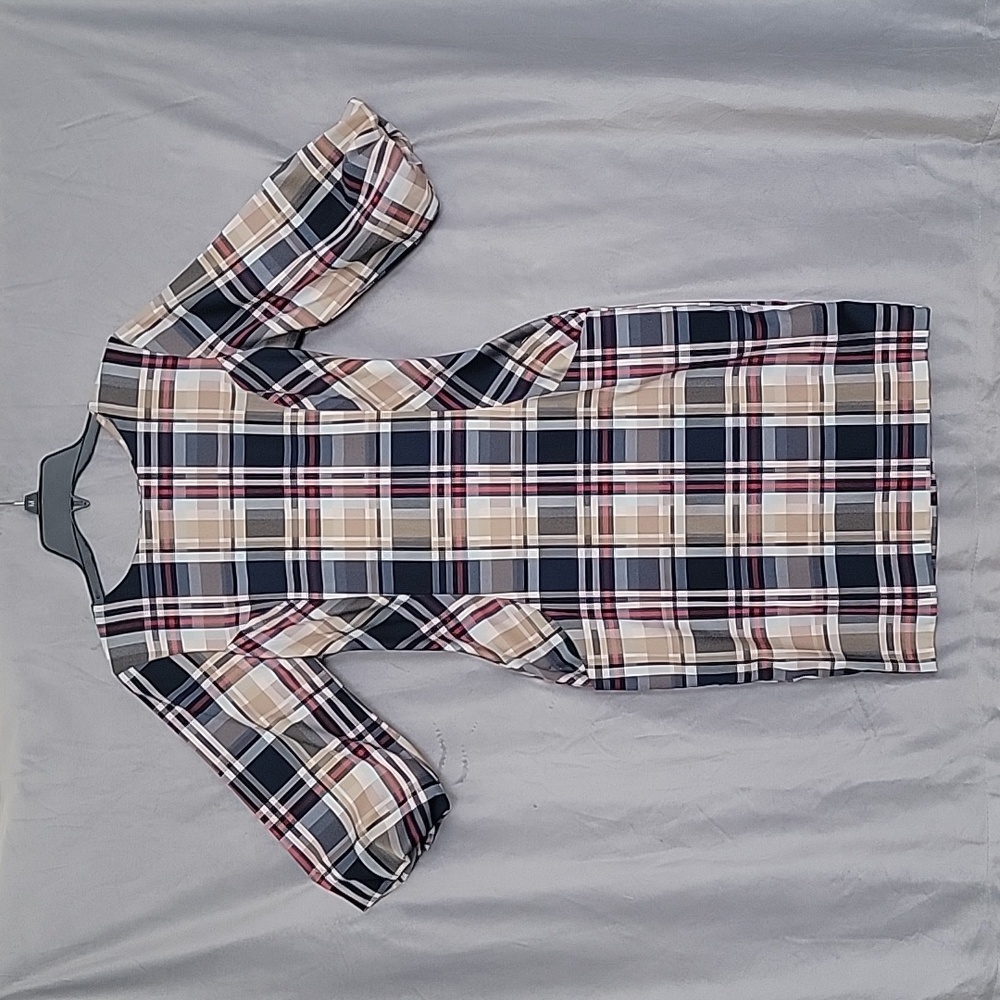 Slim Feet Knee Length Puff 3/4 Sleeves, Checked Print Dress, Zipper, Siz…